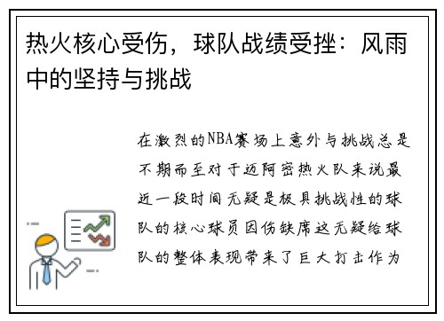 热火核心受伤，球队战绩受挫：风雨中的坚持与挑战